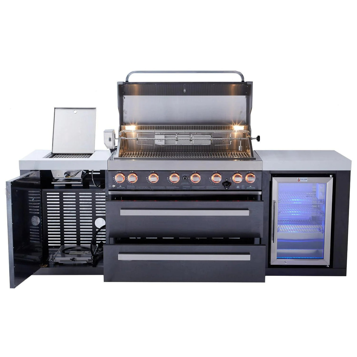 Mont Alpi 805 Deluxe Natural Gas Island Grill W/ Refrigerator Cabinet, Infrared Side Burner, & Rotisserie Kit - Black Stainless Steel