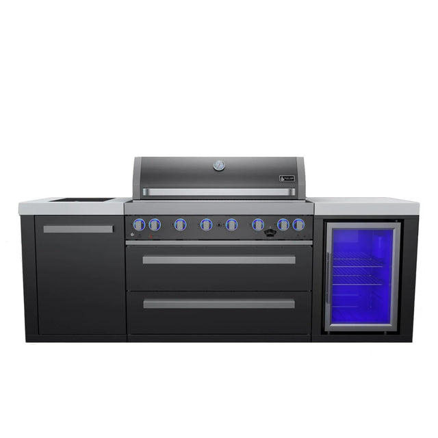 Mont Alpi 805 Deluxe Natural Gas Island Grill W/ Refrigerator Cabinet, Infrared Side Burner, & Rotisserie Kit - Black Stainless Steel