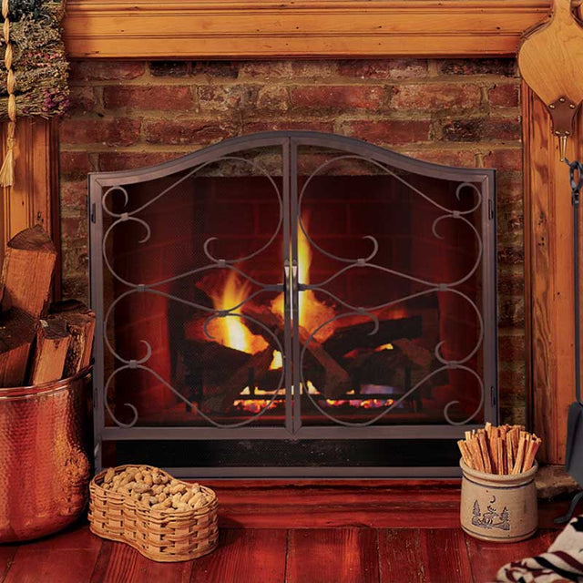 Pilgrim Burnished Black Iron Gate Arched Fireplace Screen with Doors - Black