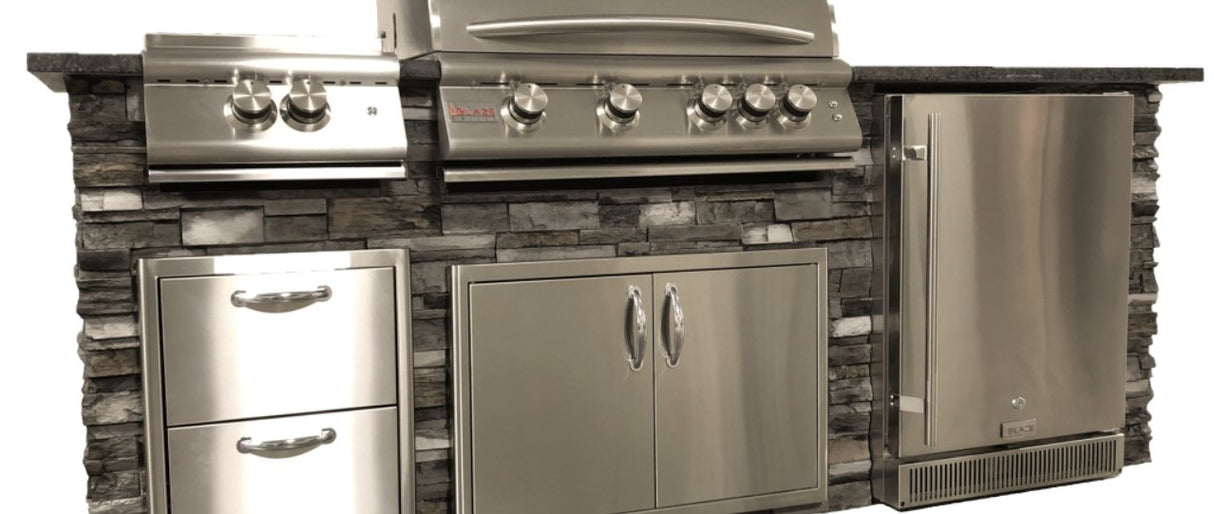 TRU Innovative 8 Foot Outdoor Kitchen Island Package - Includes 32" LTE Grill, Side Burner, Refrigerator, Drawers, Doors, Island & Top