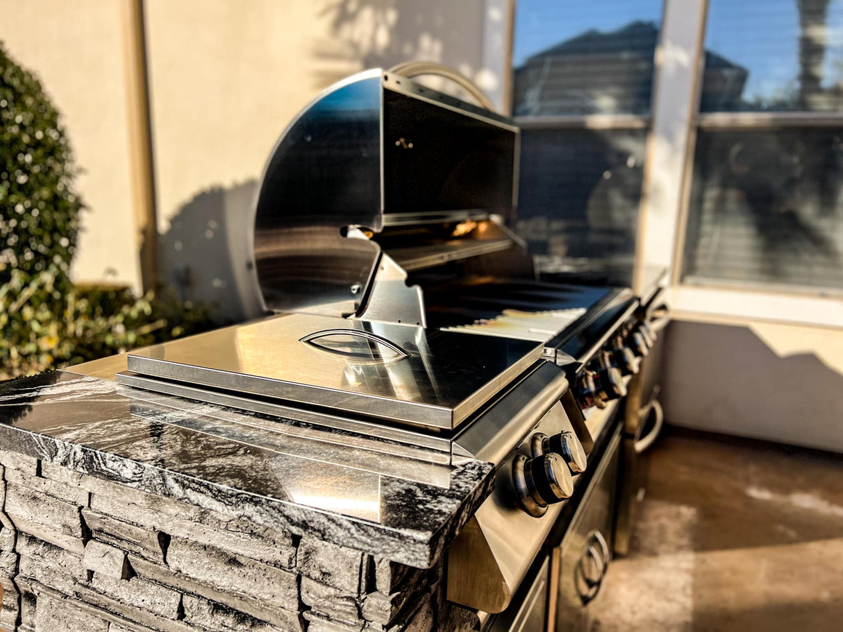 TRU Innovative L Shaped Outdoor Kitchen Bar & Blaze Grill Island Package 8 Foot Grill Island & 7 Foot Bar