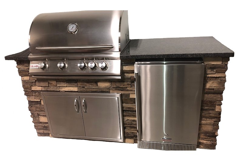 TRU Innovative Outdoor Kitchen Island - With 32 Inch Blaze LTE Grill, Double Doors, Refrigerator, Island & Top