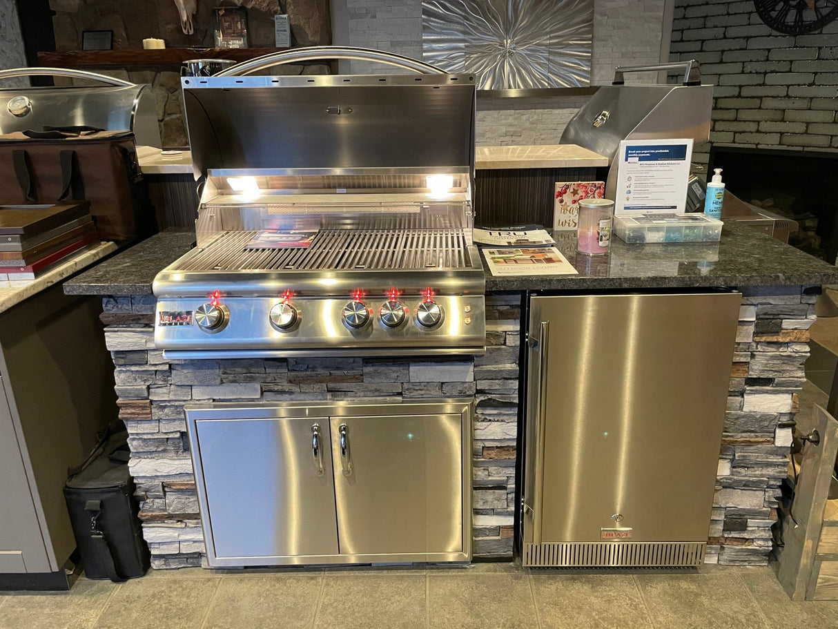 TRU Innovative Outdoor Kitchen Island - With 32 Inch Blaze LTE Grill, Double Doors, Refrigerator, Island & Top