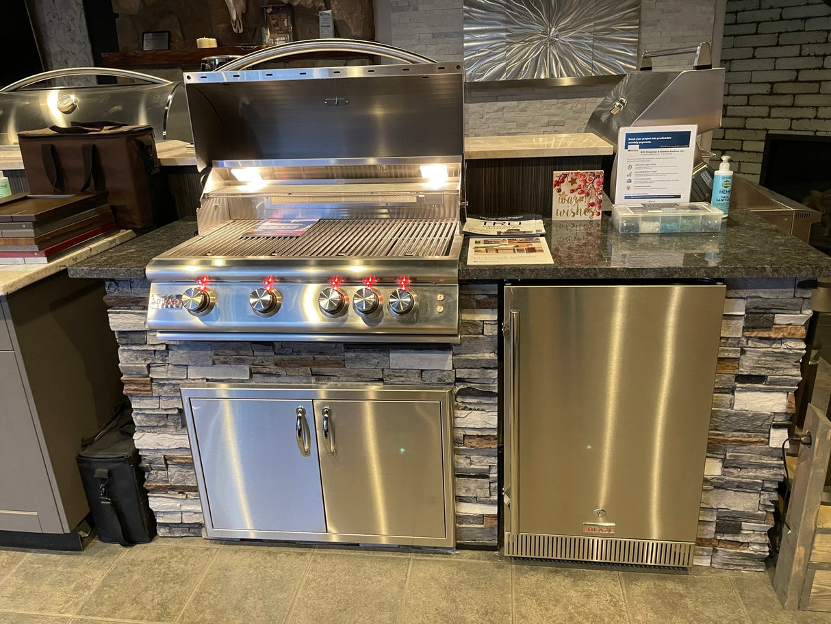 TRU Innovative Outdoor Kitchen Island - With 32 Inch Blaze LTE Grill, Double Doors, Refrigerator, Island & Top