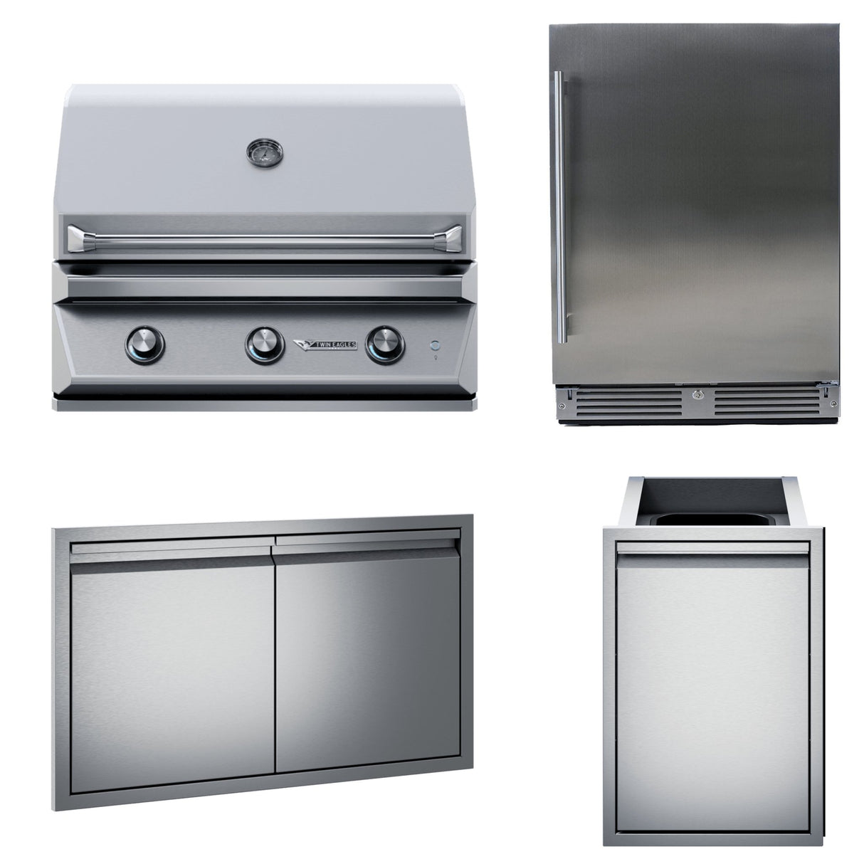 Twin Eagles 36 Inch Built-In Gas Grill Four Piece Package with Refrigerator, Double Doors, & Double Trash Drawer