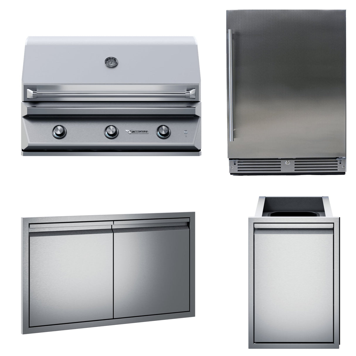 Twin Eagles 42 Inch Built-In Gas Grill Four Piece Package with Refrigerator, Double Doors, & Double Trash Drawer