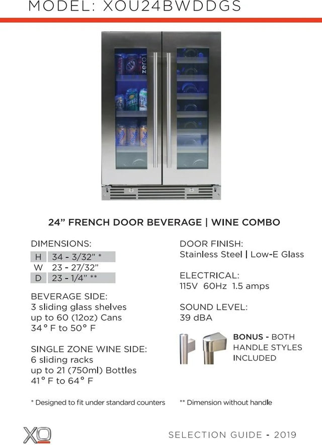 XO 24 Inch French Door Wine & Beverage Cooler - Open Box - Pick Up Only