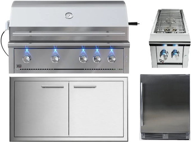 XO 42" Built-In Gas Grill Four Piece Package with Side Burner, Double Doors, and Refrigerator