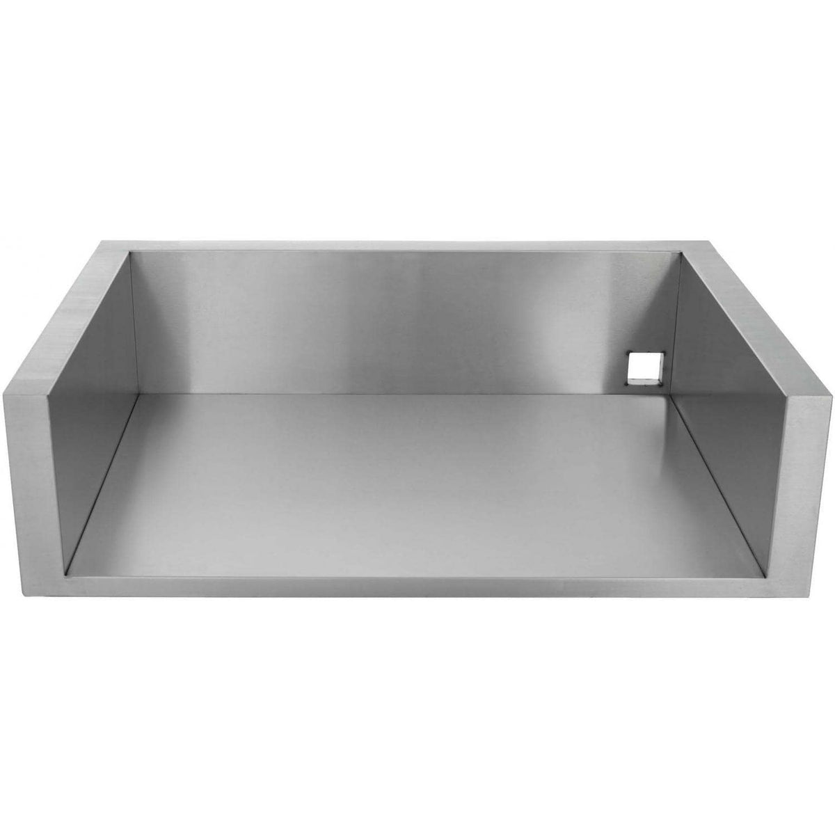 Blaze insulated jacket for a 32 inch built-in gas grill, an open stainless steel box with a small gas line opening in the side wall