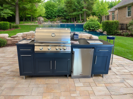 Challenger Coastal powder-coated aluminum outdoor kitchen island with Blaze grill and refrigerator