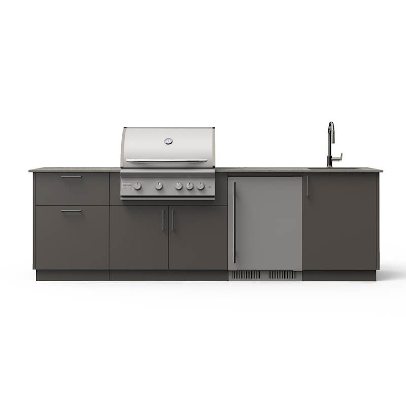 Outdoor kitchen island with built-in gas grill, refrigerator and sink on a patio