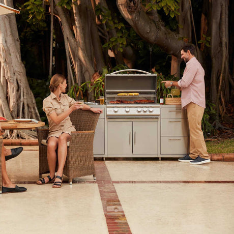 Blaze Premium LTE+ Marine Grade 316L stainless steel grill cooking in an outdoor kitchen island