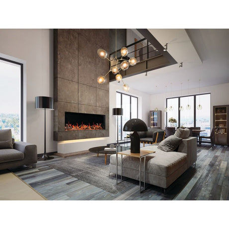 Napoleon Luminex 65 electric fireplace set into a tiled feature wall in a modern open living room