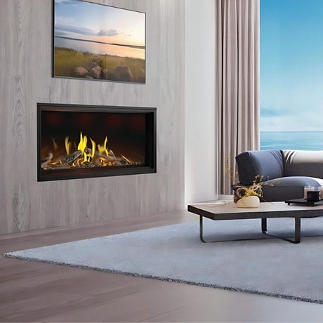 Napoleon Tall Vector 62 linear gas fireplace with driftwood logs installed in a living room