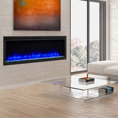SimpliFire Allusion Platinum 60 linear electric fireplace installed in a living room media wall