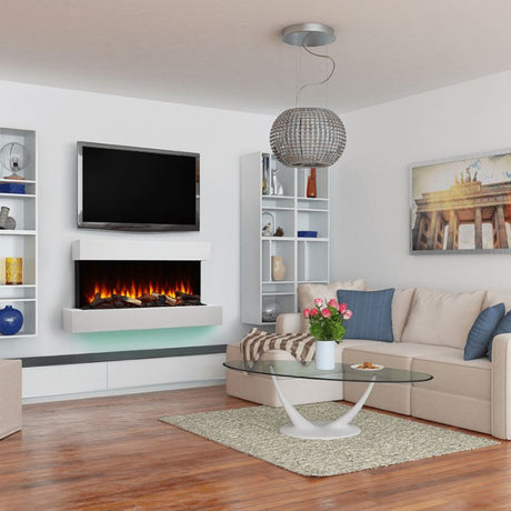 SimpliFire Format 36 linear electric fireplace with floating mantel kit in a living room