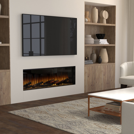 Dimplex Ignite Ultra 60 linear electric fireplace recessed in a living room wall