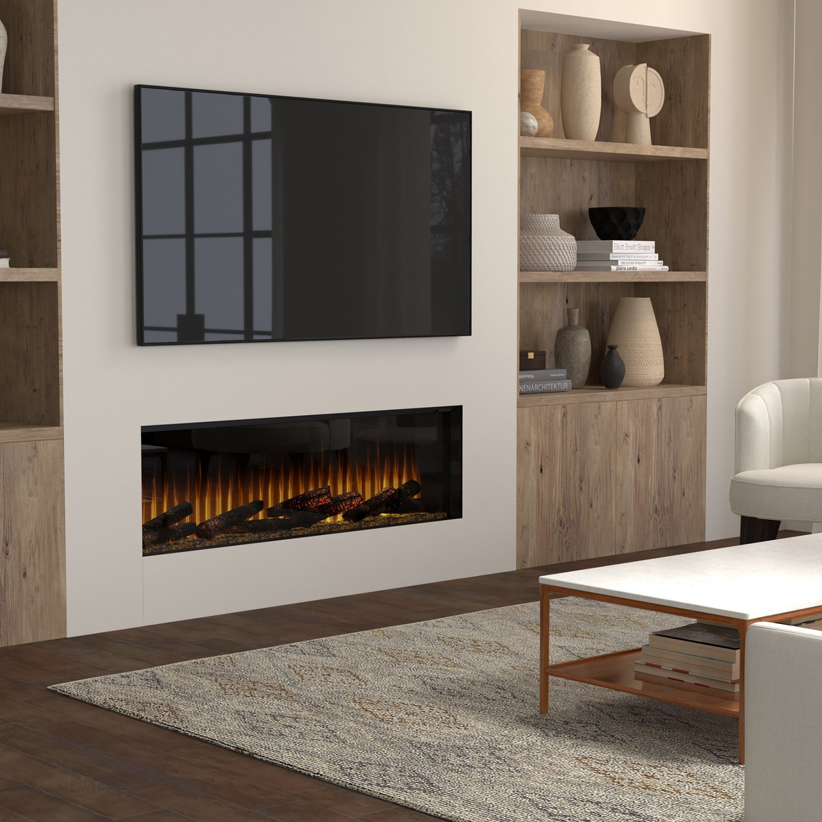 Dimplex Ignite Ultra 60 inch linear electric fireplace glowing in a modern living room