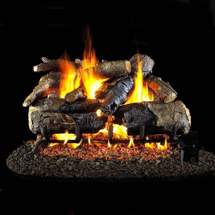 Real Fyre Charred American Oak vented gas log set burning on a G46 burner