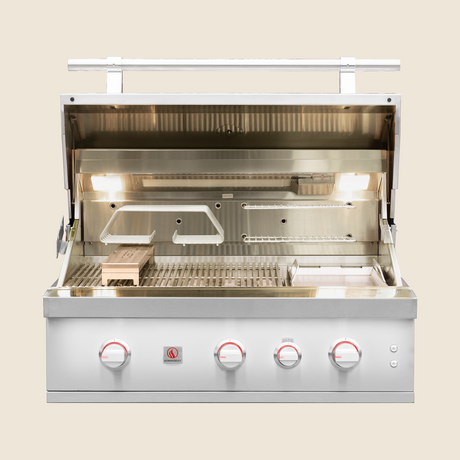Summerset Quest QST36 36-Inch Built-In Gas Grill - hood open with smoker tray