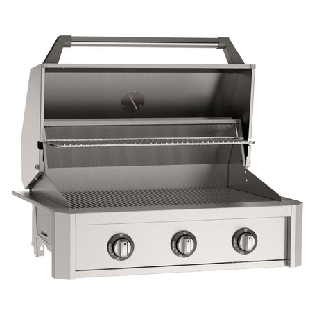 American Outdoor Grill AOG36TN 36-Inch T-Series Built-In Gas Grill - hood open showing burners and grates