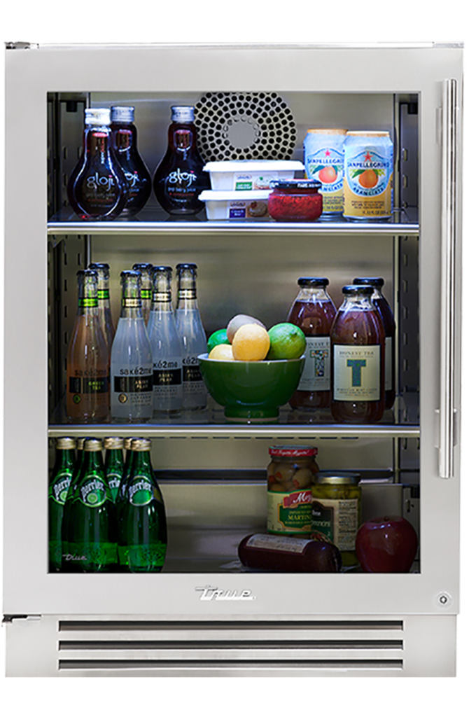 True 24-Inch Undercounter Refrigerator Stainless Glass - staged lifestyle view