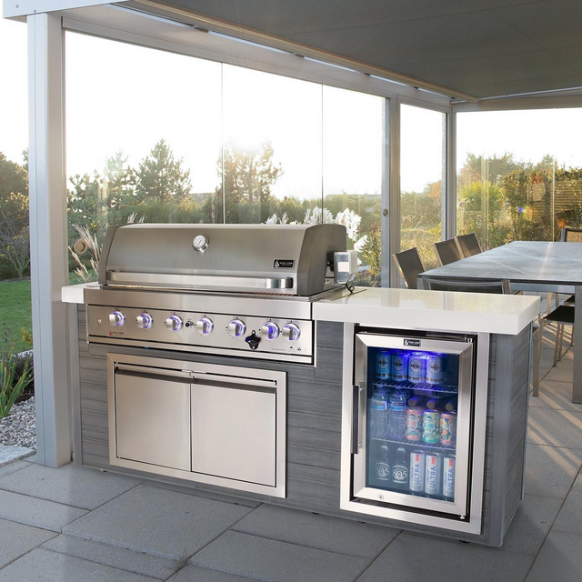 Mont Alpi 6-Burner Gas Grill Stainless Steel Art-Wood Island W/ Refrigerator, Infrared Rear Burner & Rotisserie Kit - MA805-AW