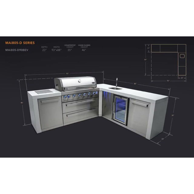 Mont Alpi MAi805-D90BEV 6-Burner Deluxe Outdoor Kitchen Island with 90-Degree Corner & Beverage Center