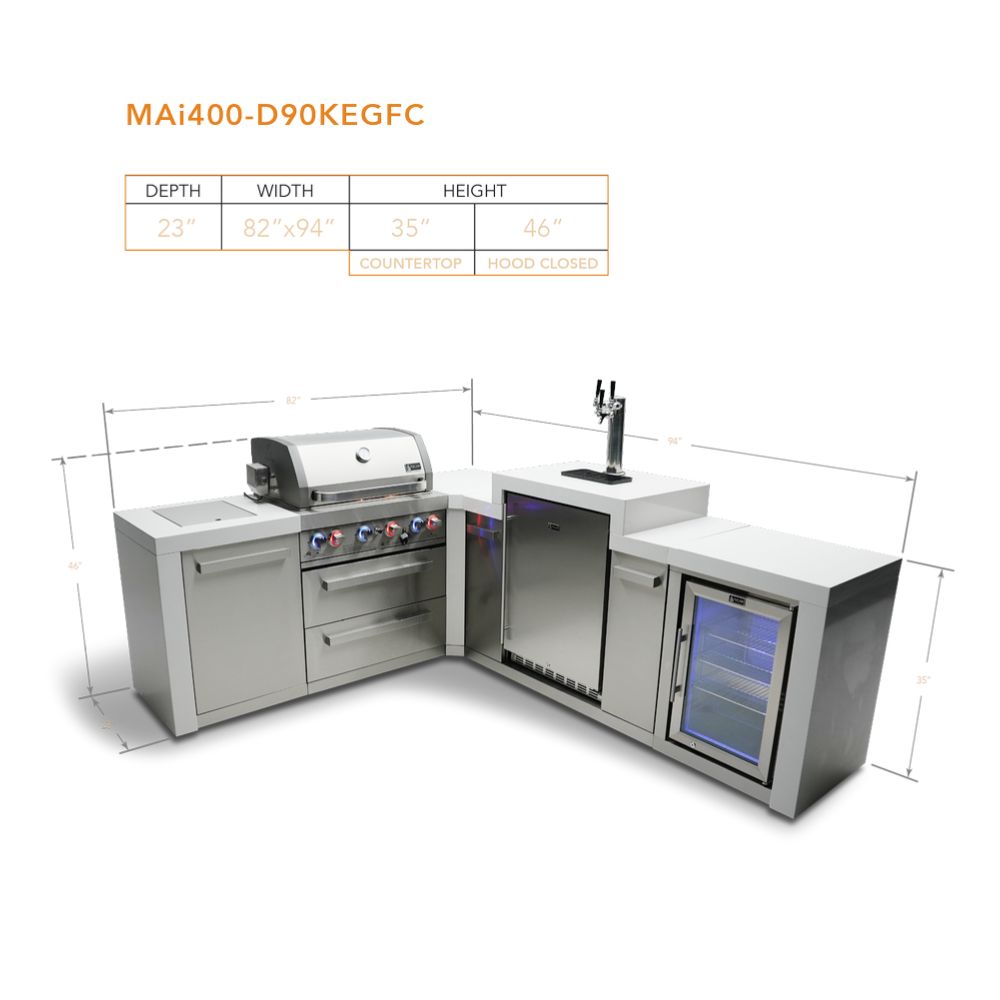 Mont Alpi MAi400-D90KEGFC Propane 4-Burner Deluxe Island with 90-Degree Corner, Kegerator & Fridge Cabinet