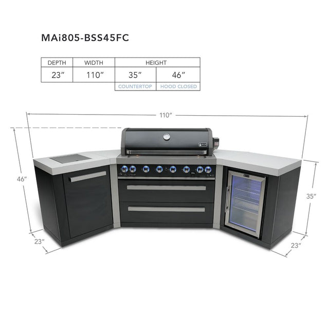 Mont Alpi MAi805-BSS45FC Black, Propane 6-Burner Island with 45-Degree Corners & Fridge Cabinet