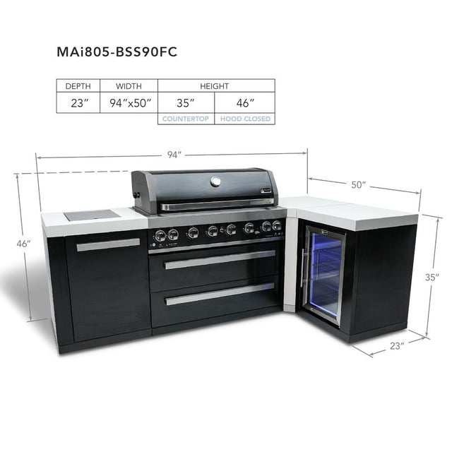 Mont Alpi 805 Deluxe 90 Degree  Gas Island Grill W/ Refrigerator Cabinet, Infrared Side Burner, & Rotisserie Kit - Black Stainless Steel