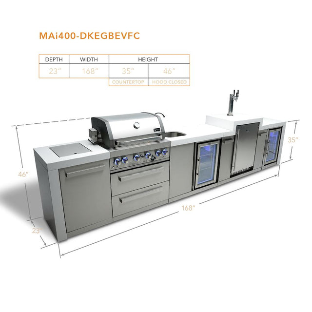 Mont Alpi MAi400-DKEGBEVFC Propane 4-Burner Deluxe Island with Kegerator, Beverage Center & Fridge Cabinet