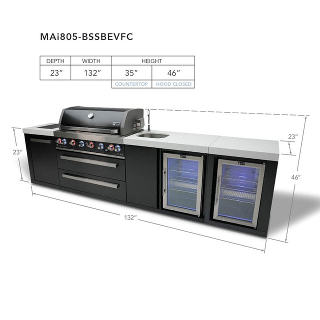 Mont Alpi 805 Deluxe Gas Island Grill W/ Beverage Center, Refrigerator Cabinet, Infrared Side Burner, & Rotisserie Kit - Black Stainless Steel