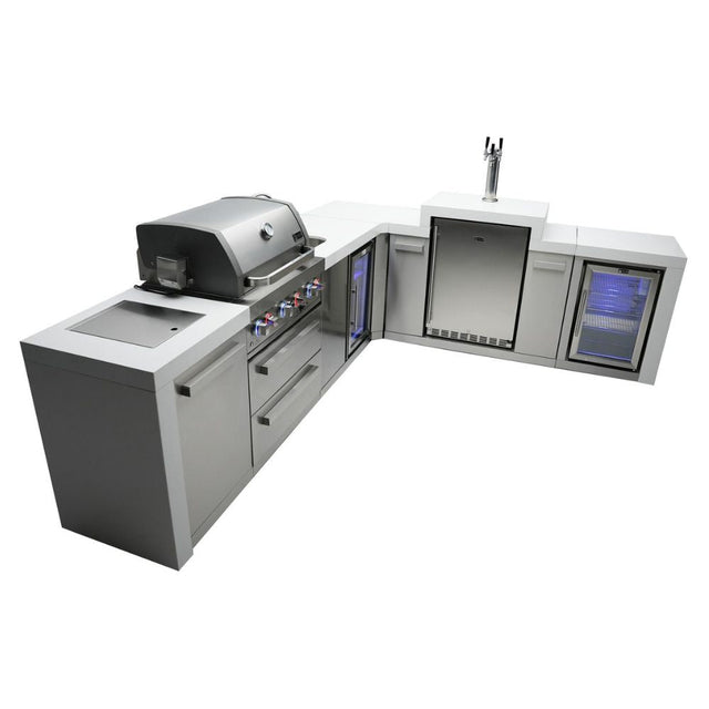Mont Alpi MAi400-D90KEGBEVFC Propane 4-Burner Deluxe Island with 90-Degree Corner, Kegerator, Beverage Center & Fridge Cabinet