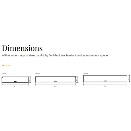 Dimension chart comparing Bromic Platinum Smart-Heat Electric Heaters in 2200W, 3400W, and 4500W sizes for outdoor installation planning.
