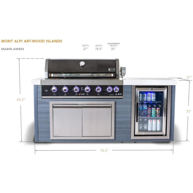 Mont Alpi 6-Burner Black Stainless Steel Gas Grill W/ 6.5FT Outdoor Kitchen Island Grill & Refrigerator - MA805-AWBSS