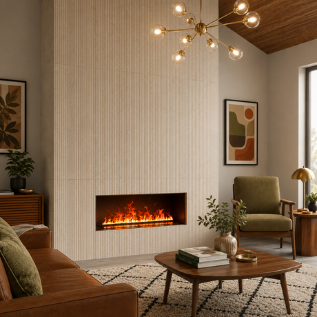 Aquafire Box firebox enclosure set into wall framing