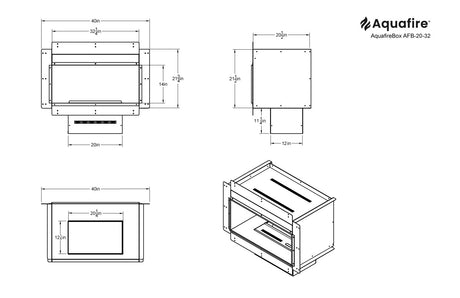 Aquafire Box 32 inch firebox dimensional drawing for 20 inch Aquafire