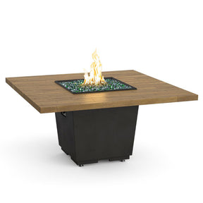 American Fyre Designs 642 Reclaimed Wood Cosmopolitan Square Dining Firetable, 60 inch reclaimed wood top on a Black Lava base with the 16 inch star burner lit