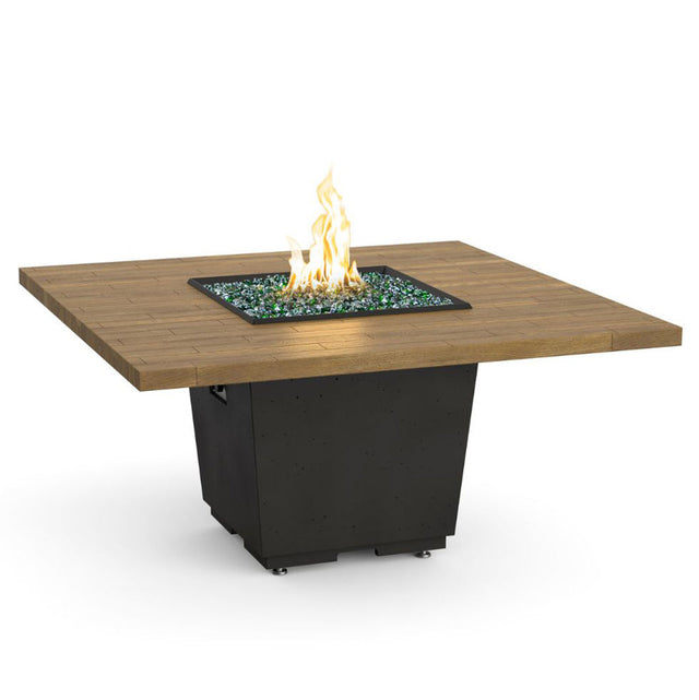 American Fyre Designs 642 Reclaimed Wood Cosmopolitan Square Dining Firetable, 60 inch reclaimed wood top on a Black Lava base with the 16 inch star burner lit