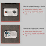 American Fyre Designs control options, manual flame sensing control valve and Bluetooth FyreStarter ignition
