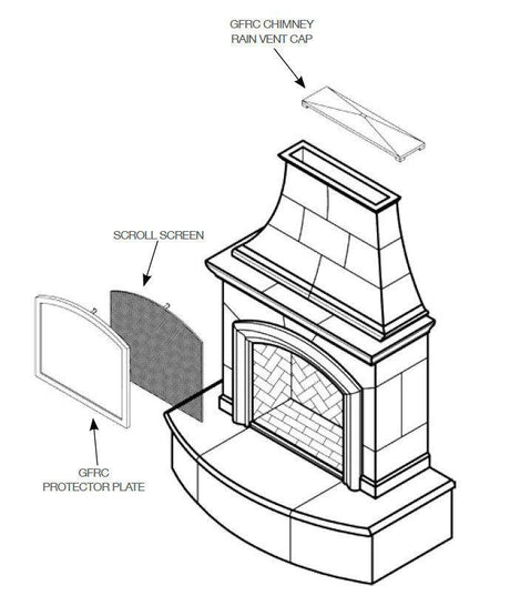 American Fyre Designs fireplace accessory diagram - screen, plate, vent cap