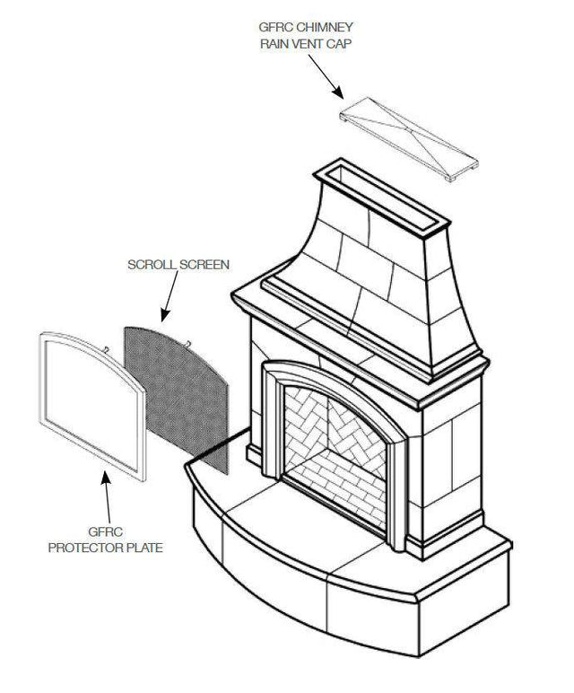 American Fyre Designs fireplace accessory diagram - screen, plate, vent cap