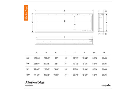 SimpliFire Allusion Edge dimensions chart