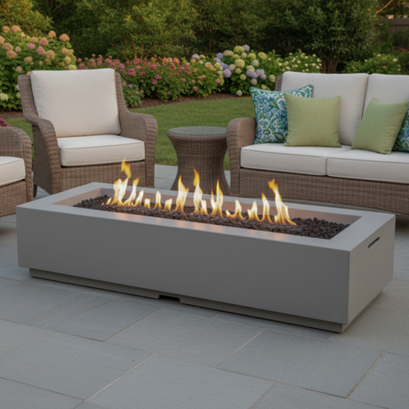 American Fyre Designs Louvre Long Rectangle Fire Pit - lifestyle view