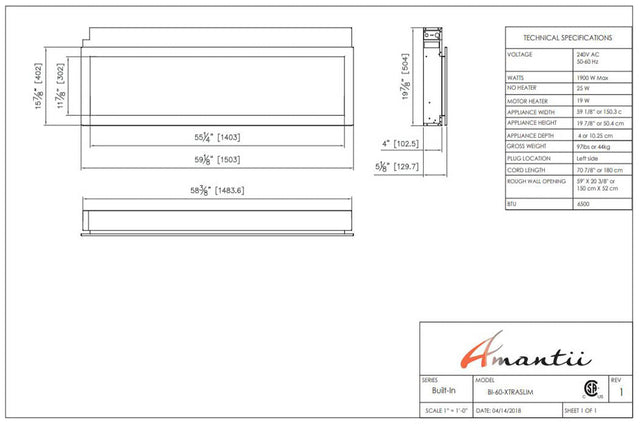 Amantii Panorama XtraSlim 60 specification chart