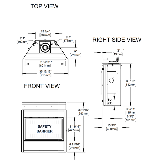 Napoleon Ascent Linear 36 dimensions diagram