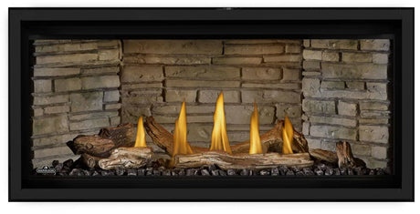 Napoleon Ascent Linear Premium 42 with driftwood logs and Ledgestone panels