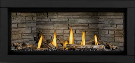 Napoleon Ascent Linear Premium 46 with driftwood logs and Ledgestone panels
