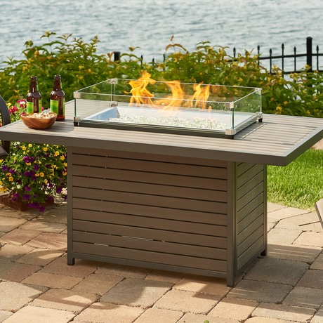 The Outdoor GreatRoom Company Brooks 50 Inch Rectangular Cast Aluminum Propane Fire Pit Table in Taupe